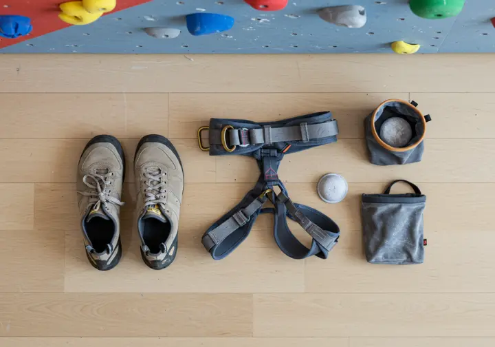 Essential beginner climbing gear—shoes, a harness, and a chalk bag—arranged neatly on a gym floor, representing the building blocks of technique and safety.