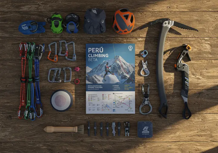A flat lay of gear for different climbing styles—sport, trad, bouldering, and alpine—representing the technical "beta" for rock climbing in Peru.