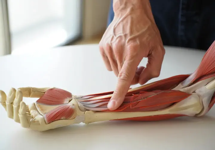 Anatomical model of a forearm and hand next to a climber's hand, illustrating the anatomy of climbing grip.