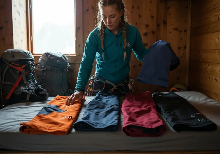 An expert climber selects from a curated collection of the best hardshell, softshell, and hybrid ice climbing pants for 2025/2026 laid out on a bed.