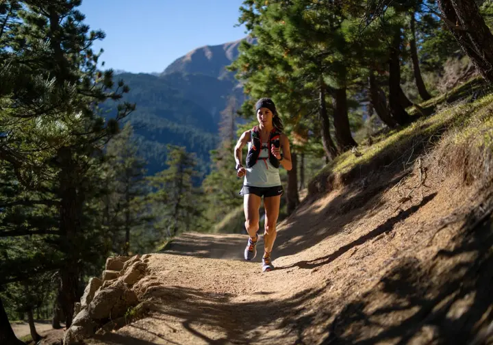 Building your mountain engine for mountaineering: diverse female mountaineer trail running on a steep path, focused on endurance and cardiovascular physical training.