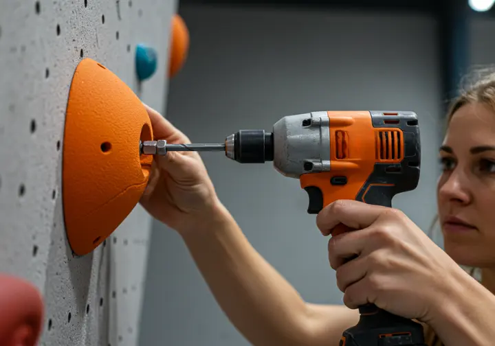 A route setter's hands using a tool to install a climbing hold with a bolt, showcasing the critical hardware and attachment system parts of a climbing wall.