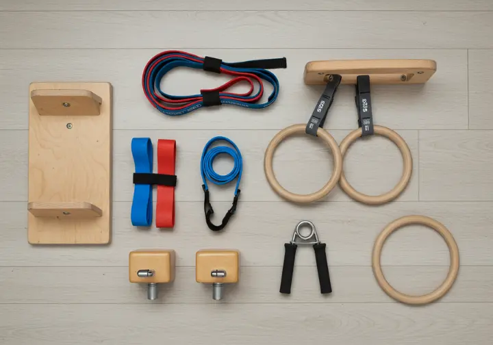 A flat lay of the seven core pieces of at-home rock climbing training equipment, including a hangboard, rings, resistance bands, and grip trainers.