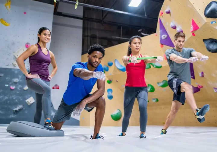 Essential exercises for a comprehensive rock climbing warm up: diverse climbers demonstrate key movements.
