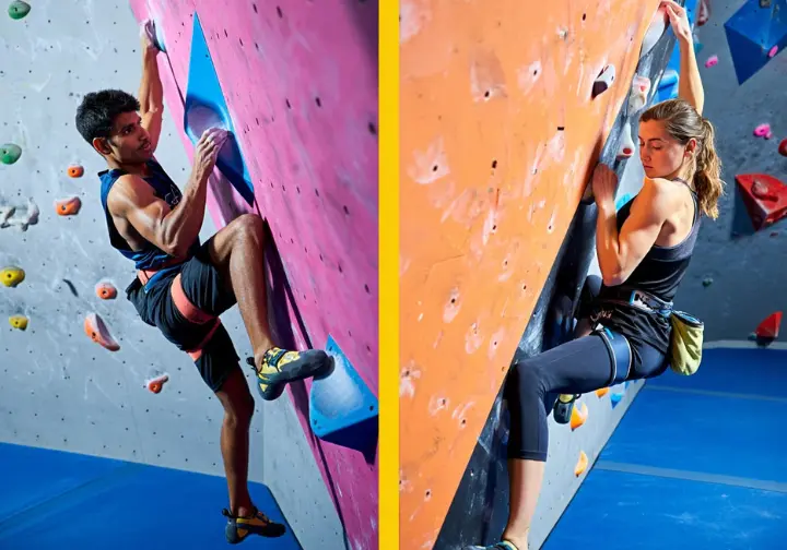 Mastering fundamental bouldering techniques for beginners: demonstrating precise footwork and efficient body positioning.