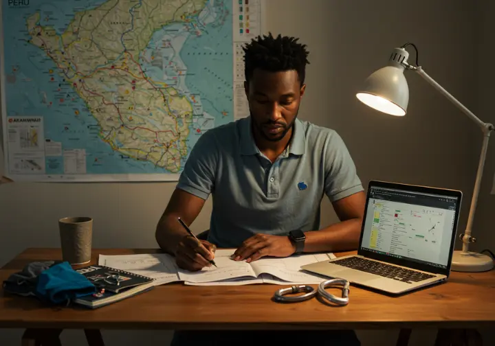 A person sits at a desk planning a rock climbing trip to Peru, surrounded by a map, guidebook, and laptop, focusing on logistics and gear.