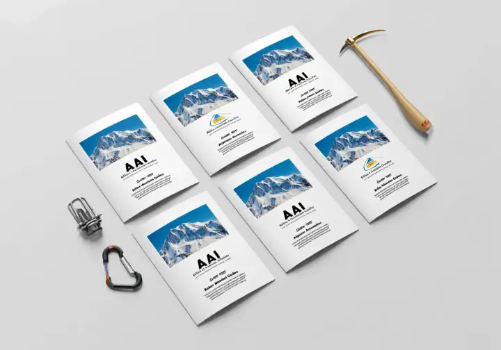 Reviewing reputable Mt. Baker climbing guides: a display of various guide service materials and logos.