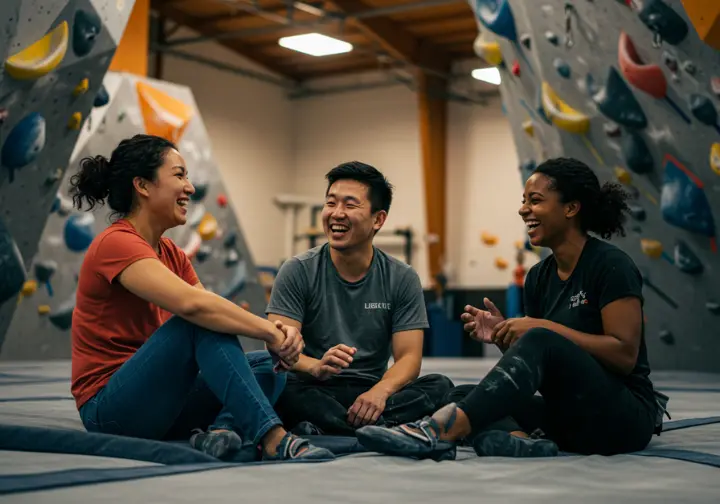 A diverse group of smiling adult climbers socializing on the mats of a bouldering gym, showcasing the social and mental rewards of indoor climbing.