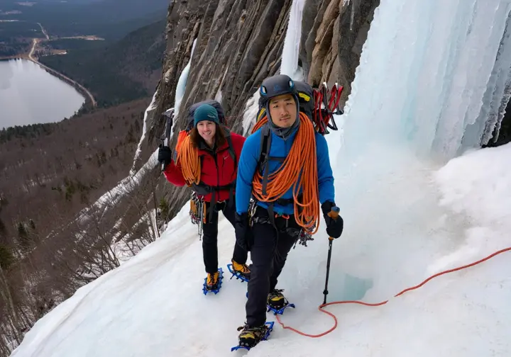 Access and approaches for Lake Willoughby ice climbing: diverse climbers hiking towards the frozen amphitheaters of Mount Pisgah.