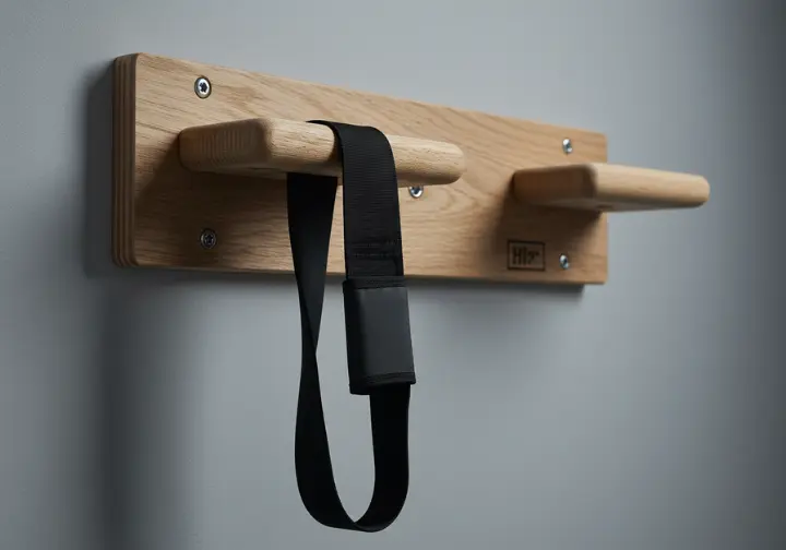 A premium wooden hangboard and a high-quality resistance band displayed on a wall, representing top picks for the best rock climbing training equipment.