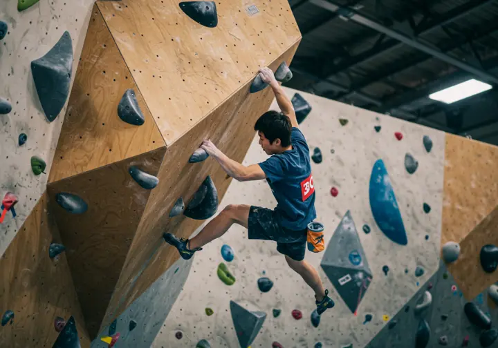 A climber interacts with various holds and a large geometric volume, demonstrating the parts of the climber's interface on a modern bouldering wall.