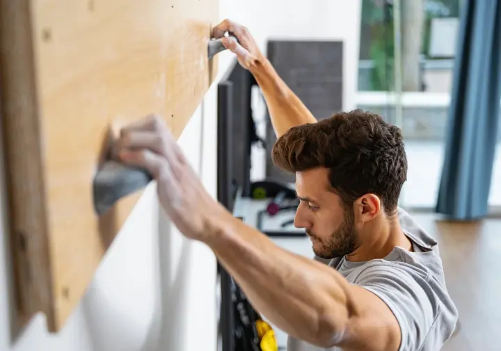 Core rock climbing finger training exercises: climber performing a hangboard protocol with proper form.