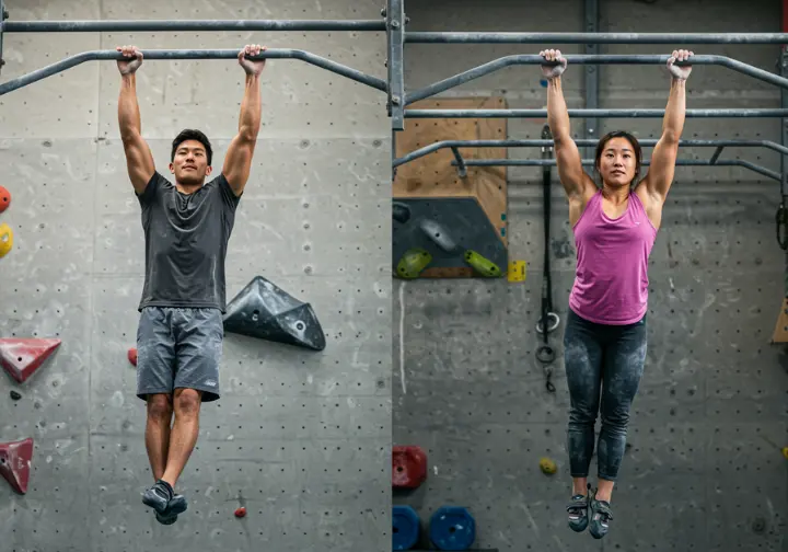 Two climbers performing essential pull-up workouts, including Frenchies and L-sits, demonstrating key exercises for climbing strength.
