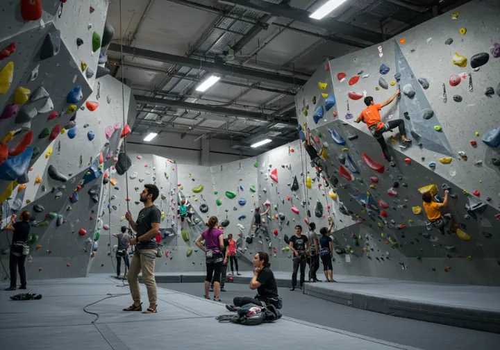 A wide view of a busy but organized indoor climbing gym, showing climbers practicing good etiquette and safely navigating the environment.