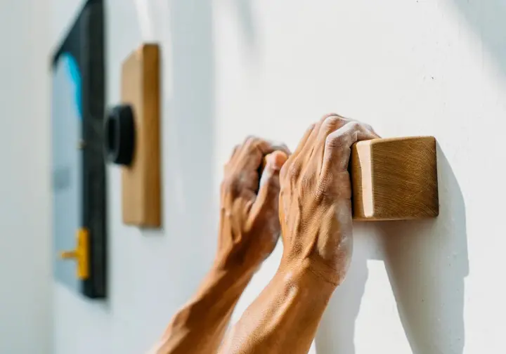 Climber's hands engaged in advanced grip training on a hangboard, showcasing specialized tools for climbing.