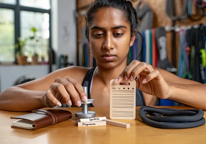 Building your best exercise toolkit for rock climbing: diverse female climber assembling personalized training tools and principle blocks.