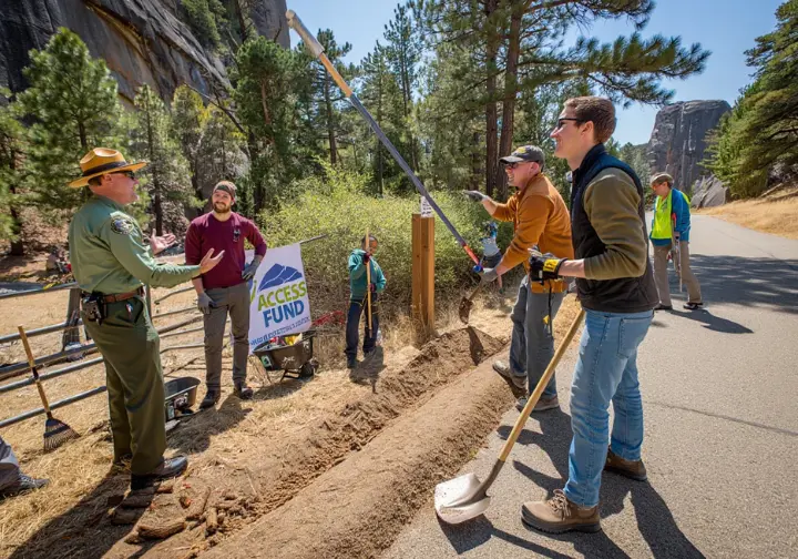 The bigger picture of rock climbing rules: diverse volunteers participating in trail maintenance, showcasing access, advocacy, and community responsibility.