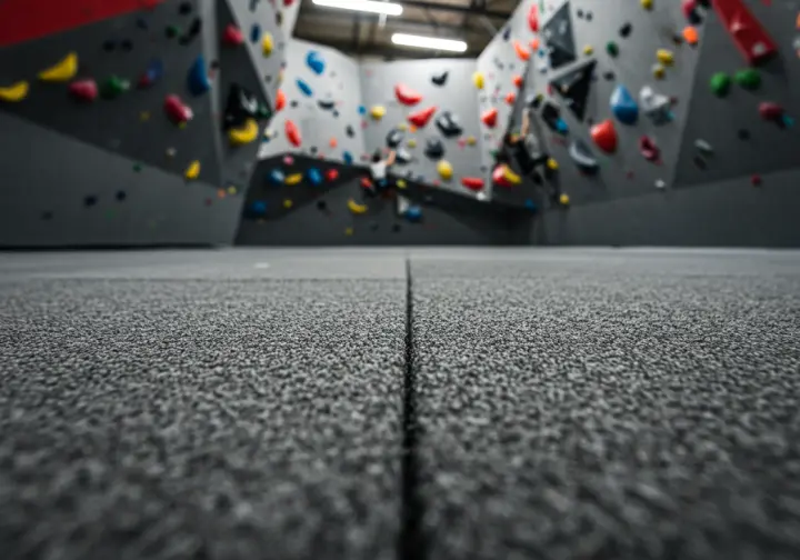  The thick, engineered bouldering matting that serves as the safety net and protection landing system, a critical safety part of a bouldering wall.