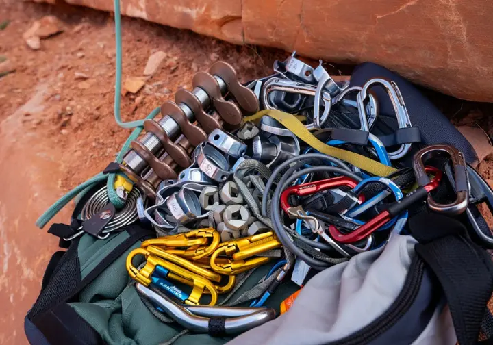 Gearing up with essential equipment for climbing Red Rock Canyon: a well-organized trad rack.