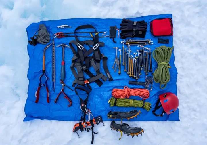 Gearing up and staying safe for Lee Vining ice climbing: essential equipment and hazard management tools.