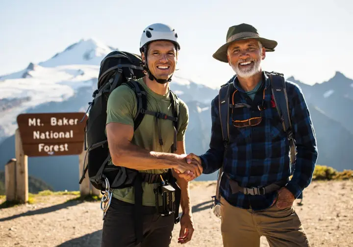 Making your choice for Mt. Baker climbing guides: climber and guide shaking hands, symbolizing final steps to summit success.