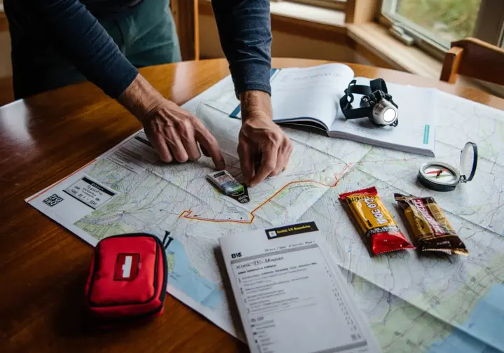Planning an ascent of the best mountain to climb in the US: hands organizing gear, map, permit, and guidebook, focusing on logistics, safety, and ethics.