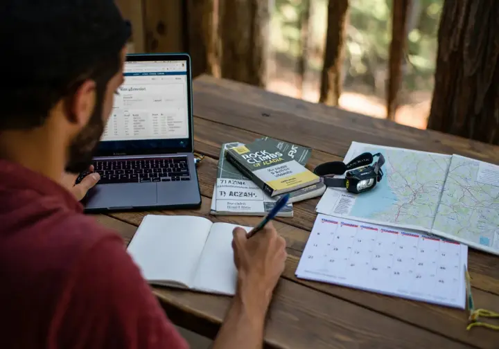Planning your Maine rock climbing trip: climber with guidebooks, maps, and weather info focusing on guides, seasons, and logistics.