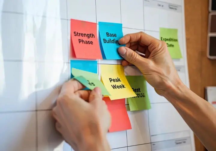 Strategic physical training for mountaineering: hands arranging training blocks on a calendar, illustrating periodization and planning.