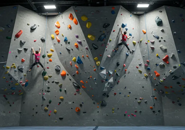 An official IFSC speed climbing wall, an example of a tailored wall design, showing two climbers racing up its standardized set of holds.