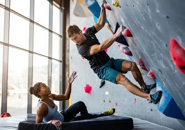 Beginner bouldering progression and training tips: climber practicing moves with supportive observation, making first moves forward.