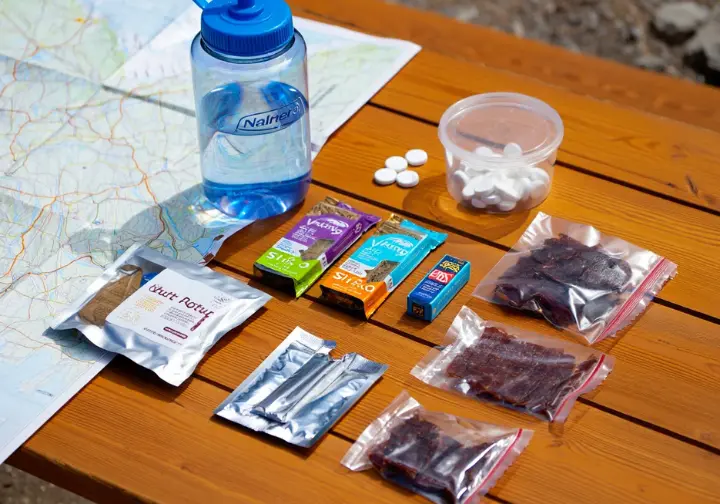Fueling your ascent: flat lay of high-energy mountaineering food and hydration supplies, crucial for physical training and expeditions.