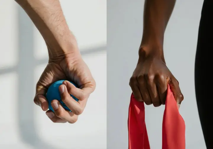 Diverse climbers' hands performing injury prevention exercises to protect hands and forearms for climbing.