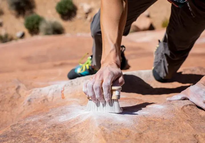 Leave No Trace in Red Rock Canyon: climber protecting fragile beauty by brushing chalk off sandstone.
