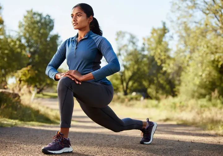 Injury prevention in physical training for mountaineering: diverse female mountaineer performing a dynamic warm-up stretch, training smart to climb strong.