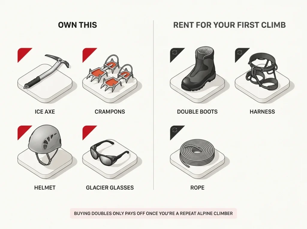 Annotated flat-lay infographic splitting Mt Rainier summit gear into buy-now versus rent-for-first-climb categories