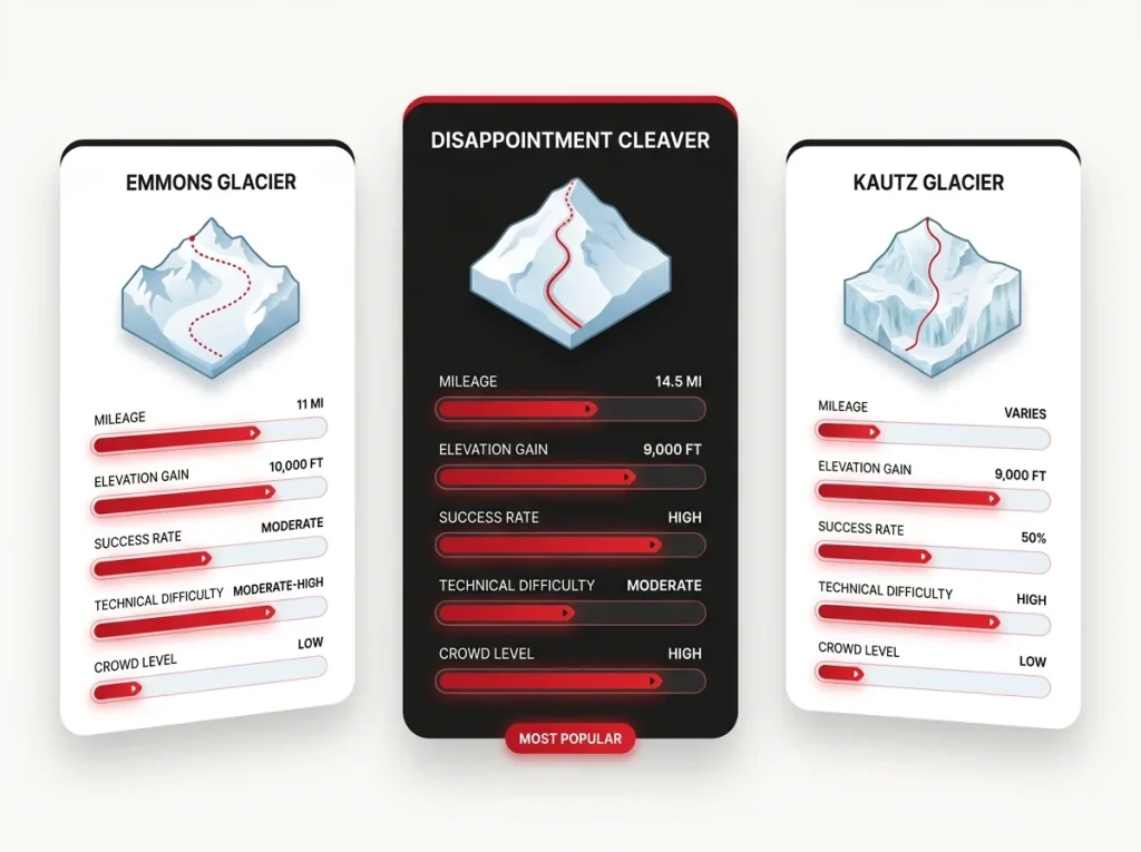 Comparison chart of Mt Rainier's DC, Emmons, and Kautz routes by mileage, gain, success rate, and difficulty