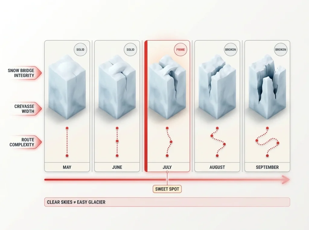 Infographic showing Mt Rainier May-September glacier timeline with snow bridge integrity, crevasse width, and route complexity rows
