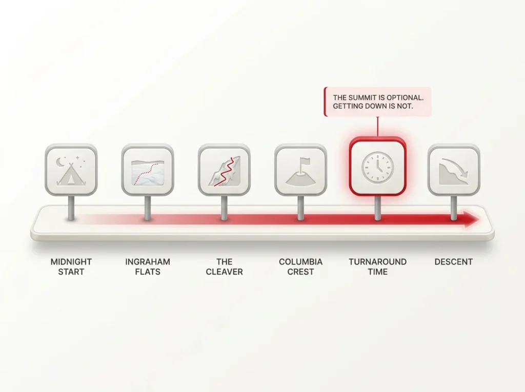 Infographic timeline of Mt Rainier summit day from midnight start to descent with turnaround time called out