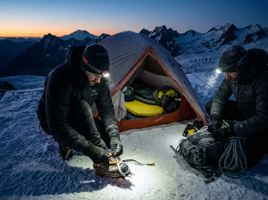 Climbers gearing up by headlamp at Camp Muir before a midnight summit push on Mt Rainier