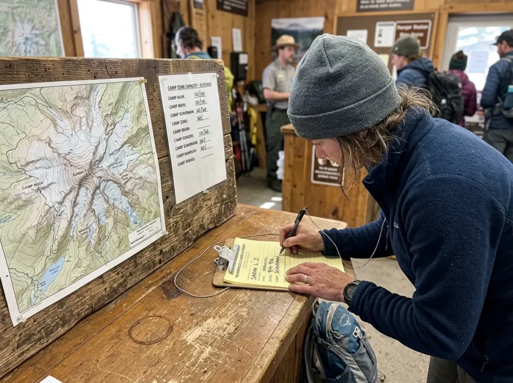 Climber filling out a wilderness climbing permit at a Mt Rainier ranger station board