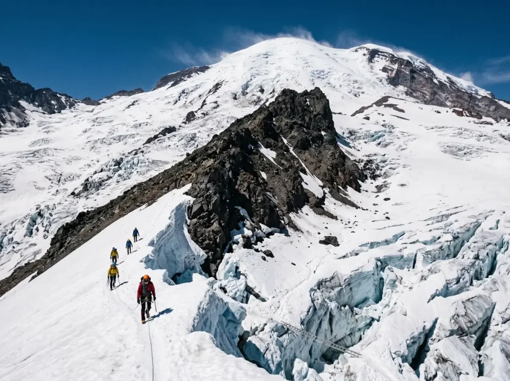Climbers small against the Disappointment Cleaver route on Mt Rainier's upper glacier