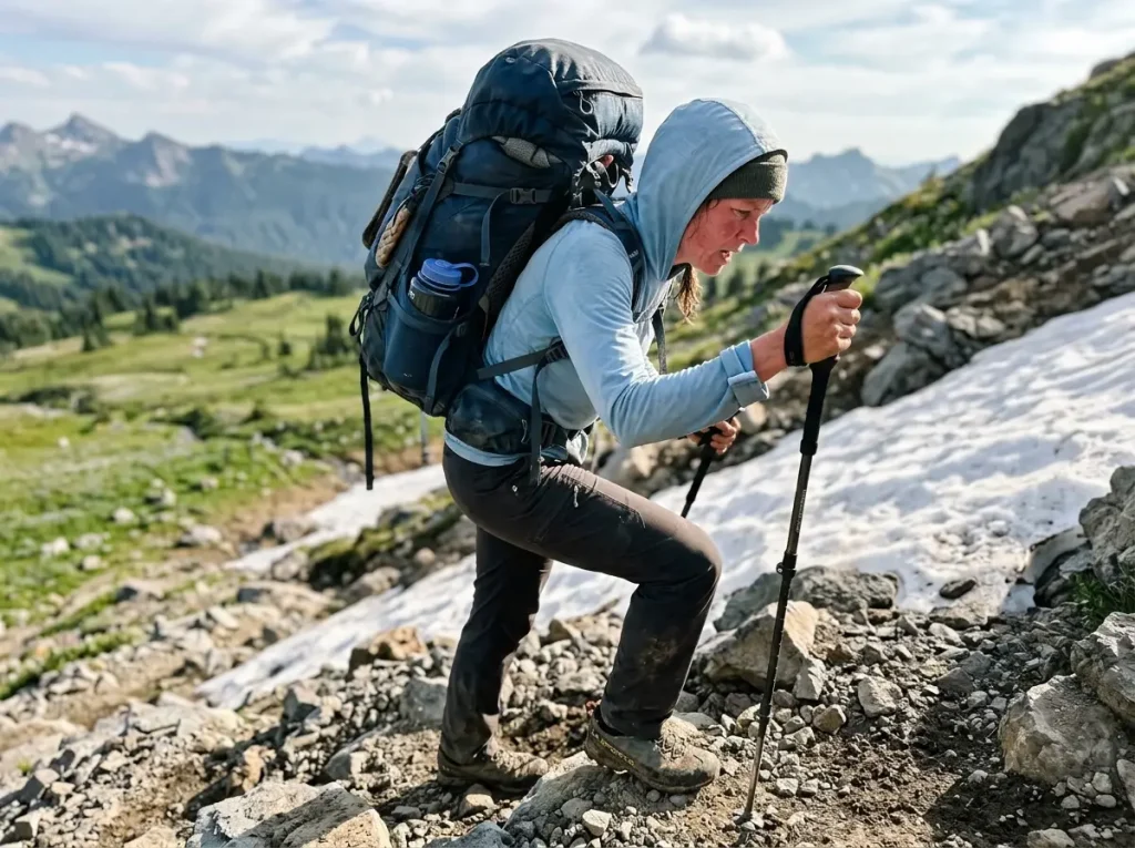 Climber grinding uphill under a heavy weighted pack on the Paradise trail to Camp Muir