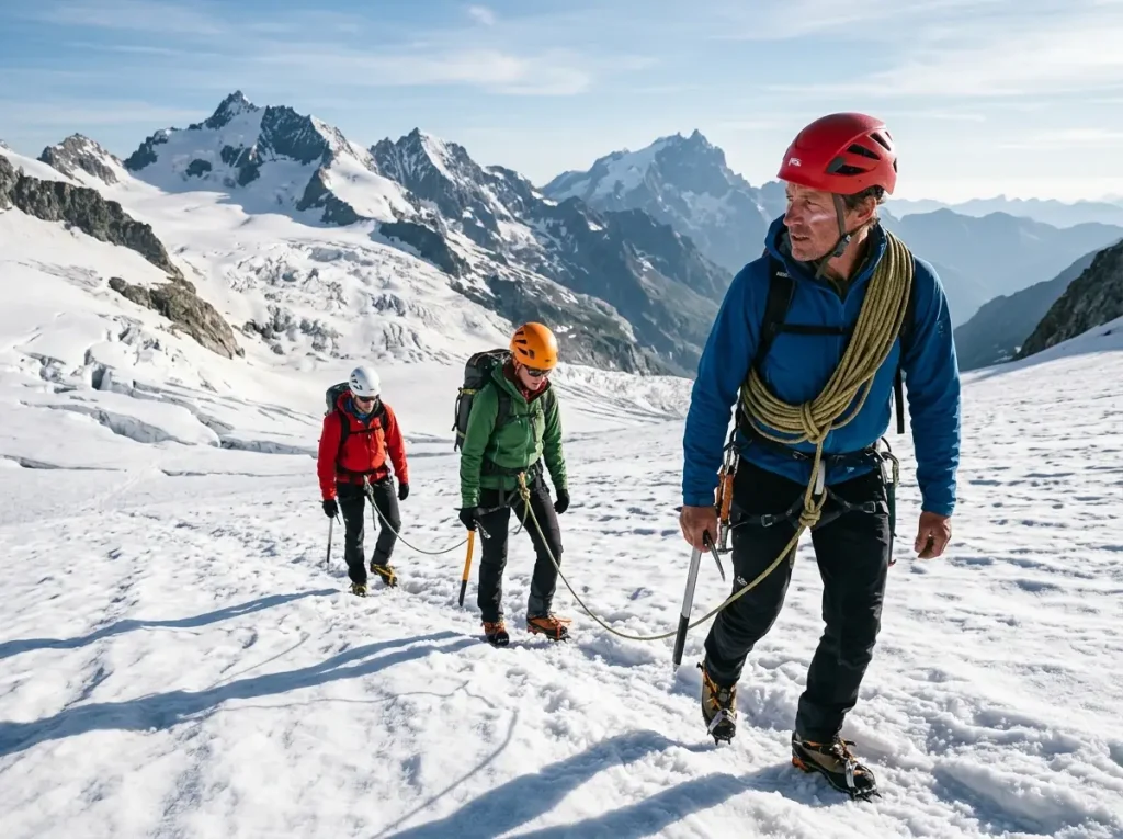 Mountain guide leading a short-roped client team across a glacier on Mt Rainier