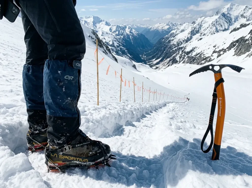 Established summer boot pack of kicked steps up consolidated snow on Mt Rainier