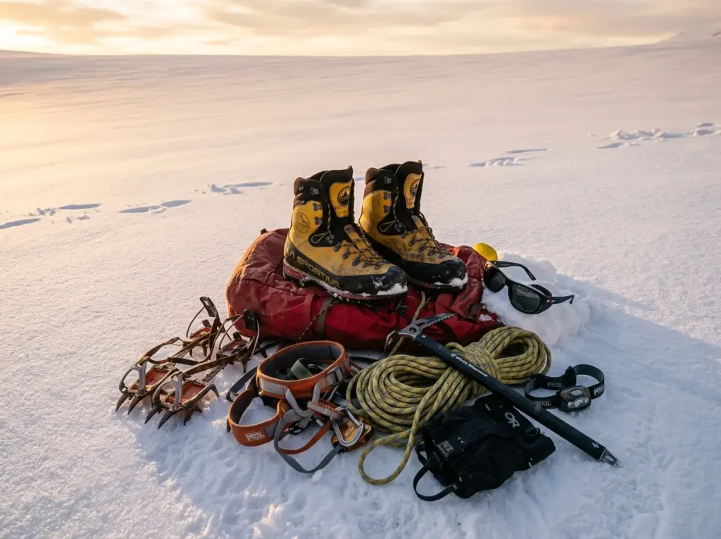 Summit-day glacier kit laid out on a pack at Camp Muir on Mt Rainier