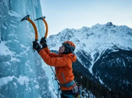 A female ice climber in a bright orange technical hardshell jacket, representing the best ice climbing jacket, climbing a sheer blue ice wall under a clear sky.