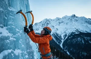 Best Ice Climbing Jacket? Shells & Parkas of 2025 A female ice climber in a bright orange technical hardshell jacket, representing the best ice climbing jacket, climbing a sheer blue ice wall under a clear sky.