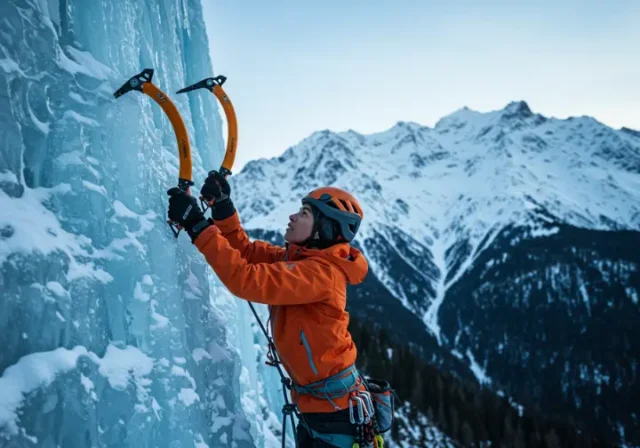 A female ice climber in a bright orange technical hardshell jacket, representing the best ice climbing jacket, climbing a sheer blue ice wall under a clear sky.