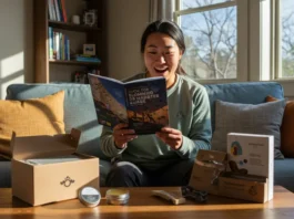 A delighted female climber holds an exotic climbing guidebook, surrounded by other unique gifts like skin salve and a portable hangboard, for a guide on unique gifts for climbers.