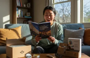 Beyond the Chalk Bag: Unique Gifts for Climbers A delighted female climber holds an exotic climbing guidebook, surrounded by other unique gifts like skin salve and a portable hangboard, for a guide on unique gifts for climbers.
